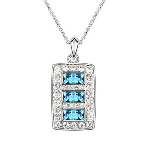 Fashion Queen Style Platinum Plating Aquamarine Crystal Rectangular Pendant Necklace