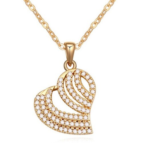 Austrian Zircon Inlaid Hollow Profile Design Heart Pendant Necklace - Golden