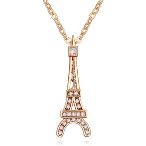 Austrian Zircon Inlaid Eiffel Tower Pendant Necklace - Champagne Gold