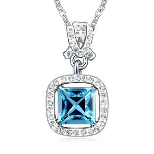 Square Crystal Gem Inlaid Love Theme Necklace - Aquamarine