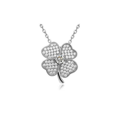 Cubic Zirconia Inlaid Four-leaf Clover Necklace - Platinum