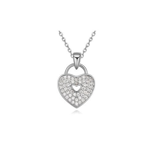 Cubic Zirconia Inlaid Heart Lock Pendant Necklace - Platinum