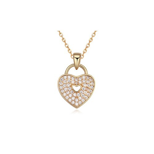 Cubic Zirconia Inlaid Heart Lock Pendant Necklace - Champagne Gold