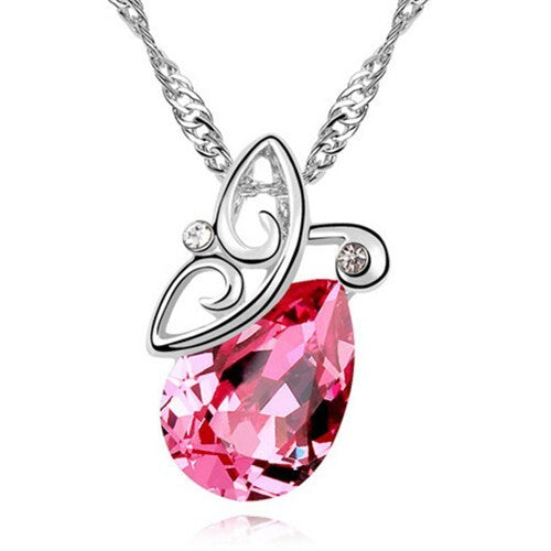 Flying Butterfly Inspired Austrian Crystal Necklace - Rose