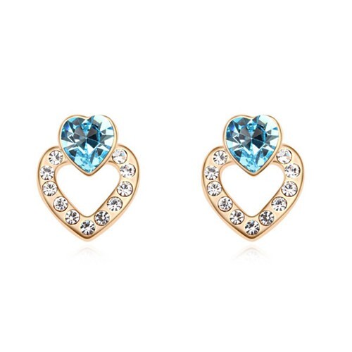 Destined Love Heart Design Austrian Crystal Ear Studs - Aquamarine