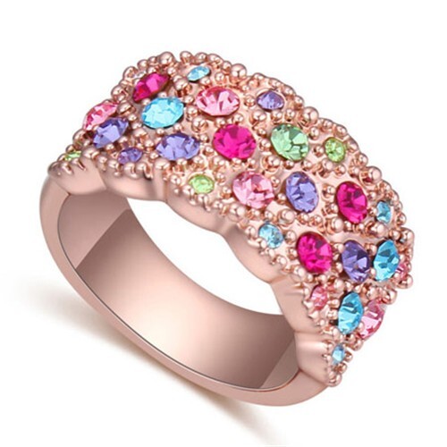 Austrian Crystal Embellished Flowers Cluster Design Rose Gold Plated Ring - Multicolor