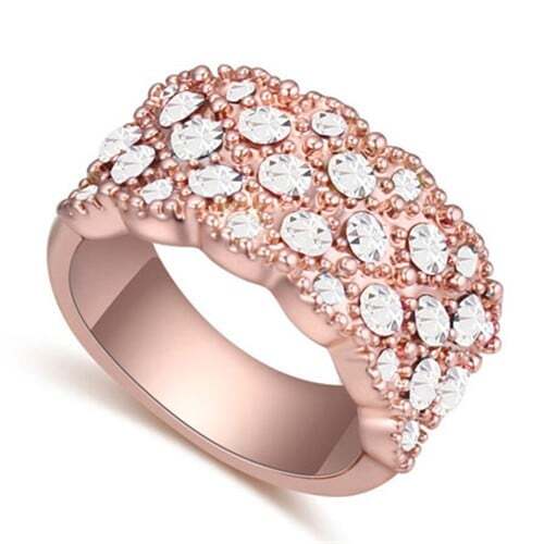 Austrian Crystal Embellished Flowers Cluster Design Rose Gold Plated Ring - White