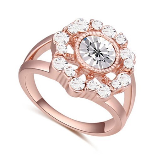 Austrian Crystal Hollow Sun Flower Design Rose Gold Plated Alloy Ring - White