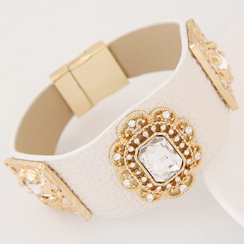 Square Glass Gem Inlaid Vintage Floral Decoration Design Leather Fashion Bangle - White