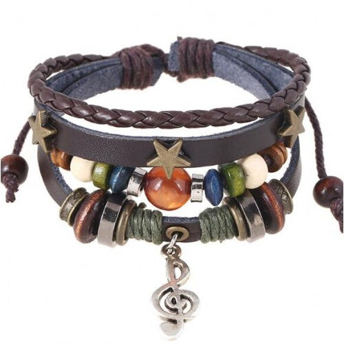 Star and Musical Note Vintage Beads Fashion Leather Bracelet - Brown