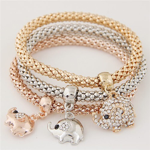 Fashion Elements Pendants Weaving Design Alloy 3 pcs Set Costume Bracelet - Elephant