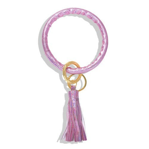 Fashion Long Tassel Pendant Leather Bangle - Pink