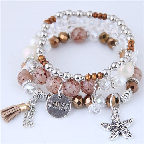 Starfish and Round Love Plate Pendants Multi-layer Beads Fashion Bracelet - Brown