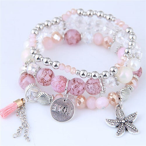 Starfish and Round Love Plate Pendants Multi-layer Beads Fashion Bracelet - Pink