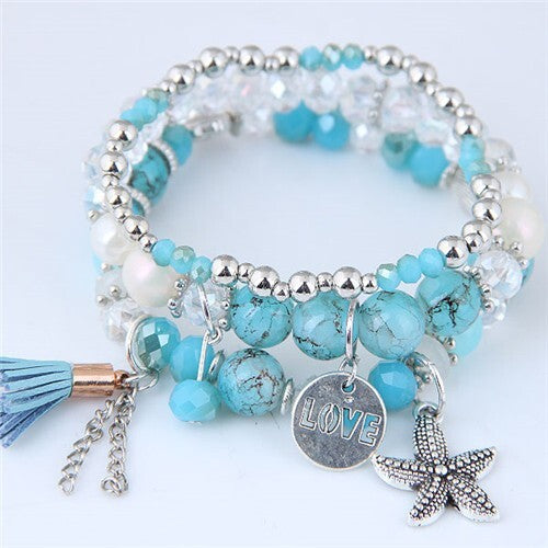 Starfish and Round Love Plate Pendants Multi-layer Beads Fashion Bracelet - Blue