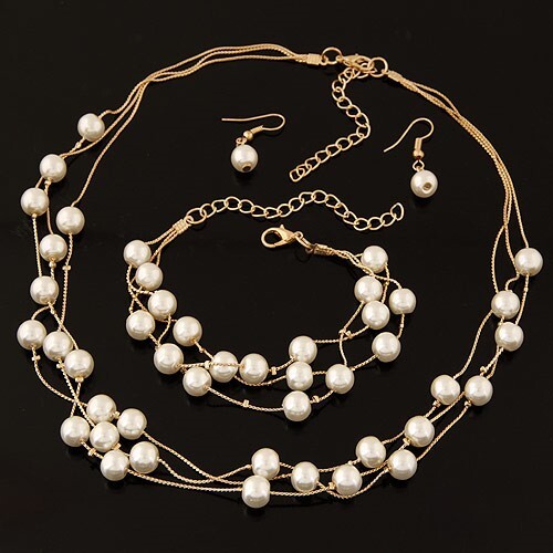 Fair Maiden Style Pearls Embellished Multi-layer Fashion Necklace Bracelets and Earrings Set