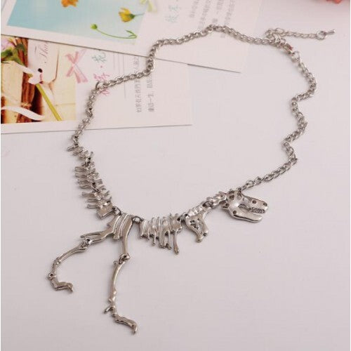 Dinosaur Skeleton High Fashion Alloy Costume Necklace - Silver