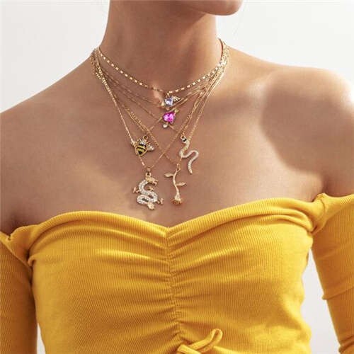 Dragon Snake and Rose Assorted Fashion Elements Pendants Multi-layer Alloy Women Necklaces