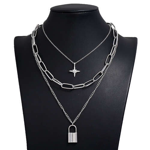 Star and Lock Pendant Triple Layers U.S. High Fashion Women Alloy Costume Necklace - Silver