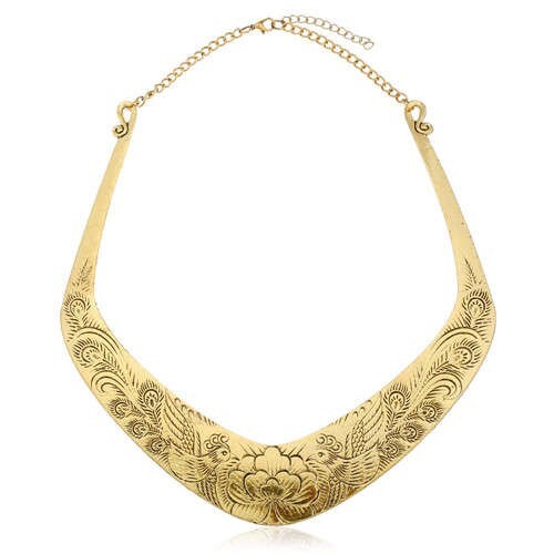 Folk Style Prosperous Engraving Flowers Design Women Bib Necklace - Vintage Golden