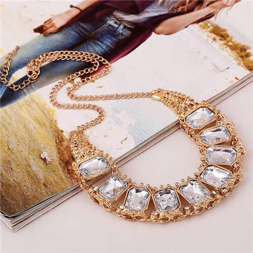 Square Gems Emebllished Bling Fashion Bold Style Women Wholesale Choker Necklace - White