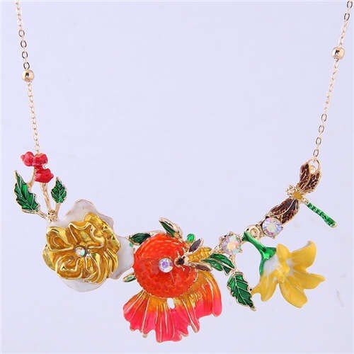 Dragonfly and Bee in the Flowers Design Enamel Women Fashion Bib Necklace - Yellow