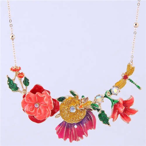 Dragonfly and Bee in the Flowers Design Enamel Women Fashion Bib Necklace - Red