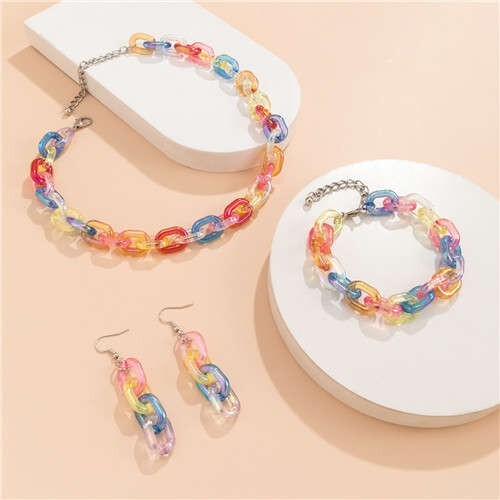 Fashion and Cool Candy Color Resin Chain Necklace Bracelet and Earrings Wholesale Jewelry Set