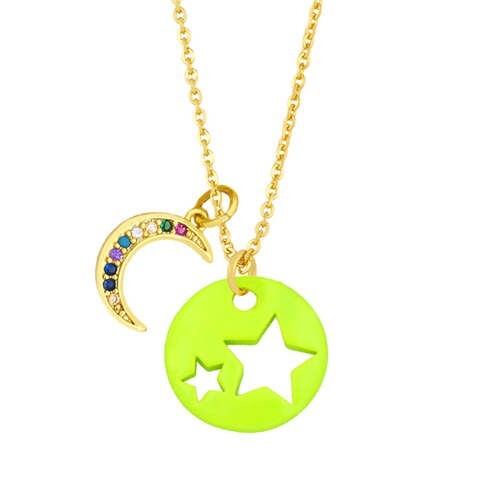 Star and Moon Combo Colorful Fashion Oil-spot Glazed Wholesale Costume Necklace - Yellow