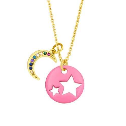 Star and Moon Combo Colorful Fashion Oil-spot Glazed Wholesale Costume Necklace - Pink