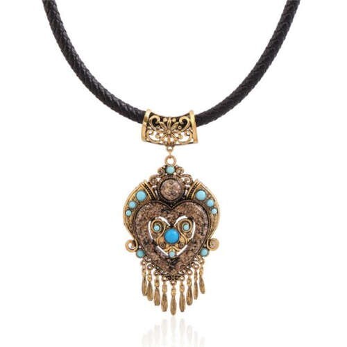 Ethnic Bohemian Style Heart Pendant Leather Rope Short Wholesale Fashion Necklace - Golden