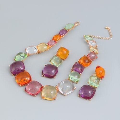 Fashion Bohemian Style Candy Color Resin Wholesale Costume Necklace Earrings Set - Colorful