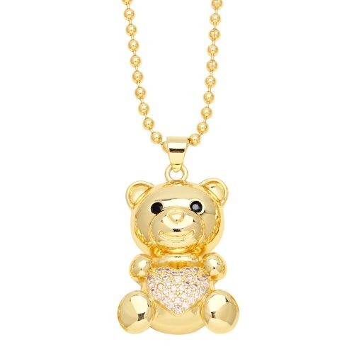 Fashion Cubic Zirconia Inlaid Cute Bear Pendant Women Copper Necklace - Pink