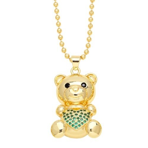 Fashion Cubic Zirconia Inlaid Cute Bear Pendant Women Copper Necklace - Green