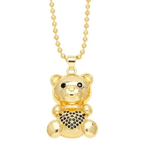 Fashion Cubic Zirconia Inlaid Cute Bear Pendant Women Copper Necklace - Black