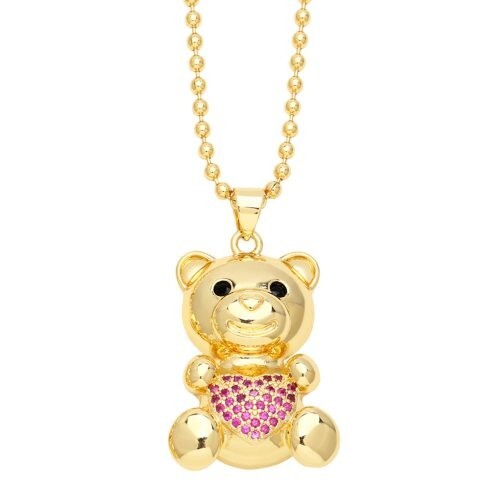 Fashion Cubic Zirconia Inlaid Cute Bear Pendant Women Copper Necklace - Rose