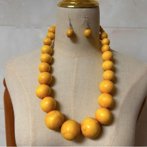 Folk Fashion Wooden Beads Wholesale Costume Necklace/ Sweater Chain and Earrings Set - Yellow