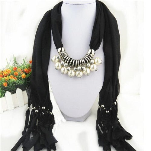 Elegant Artificial Pearls Tassels Fashion Scarf Necklace - Black