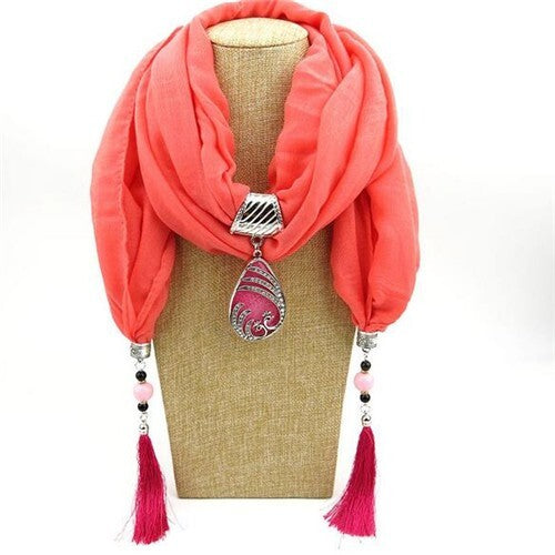 Ethnic Fashion Water-drop Gem Pendant Scarf Necklace - Pink