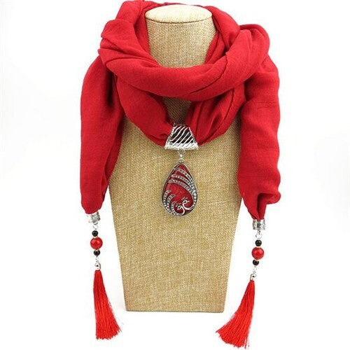 Ethnic Fashion Water-drop Gem Pendant Scarf Necklace - Red