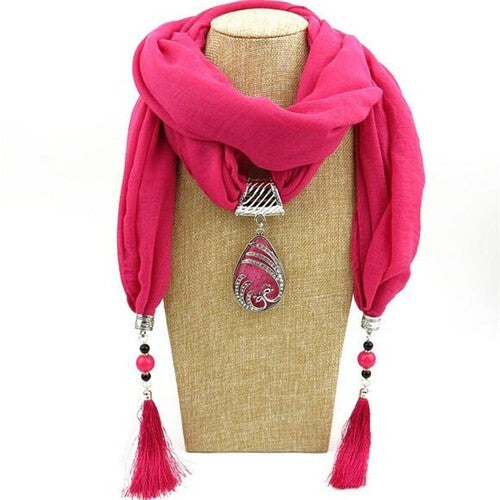 Ethnic Fashion Water-drop Gem Pendant Scarf Necklace - Rose