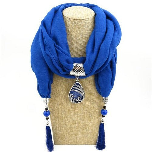 Ethnic Fashion Water-drop Gem Pendant Scarf Necklace - Royal Blue