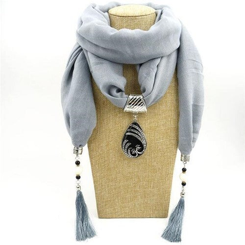 Ethnic Fashion Water-drop Gem Pendant Scarf Necklace - Gray