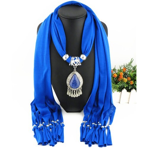 Ethnic Style Waterdrop Pendant Tassel Fashion Scarf Necklace - Royal Blue