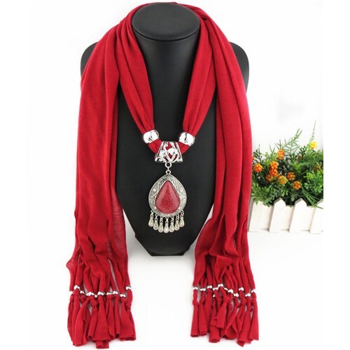 Ethnic Style Waterdrop Pendant Tassel Fashion Scarf Necklace - Dark Red