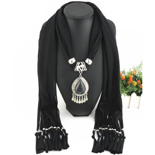 Ethnic Style Waterdrop Pendant Tassel Fashion Scarf Necklace - Black