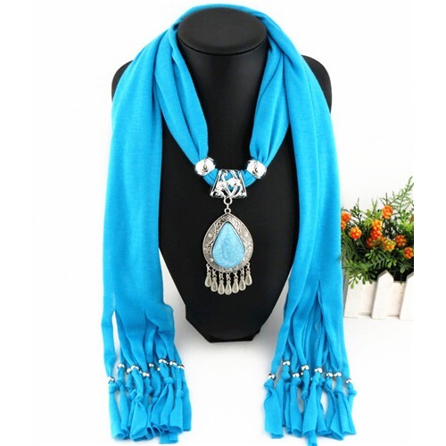 Ethnic Style Waterdrop Pendant Tassel Fashion Scarf Necklace - Sky Blue