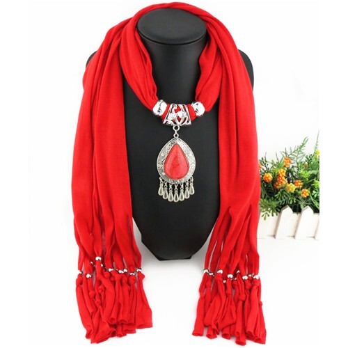 Ethnic Style Waterdrop Pendant Tassel Fashion Scarf Necklace - Red