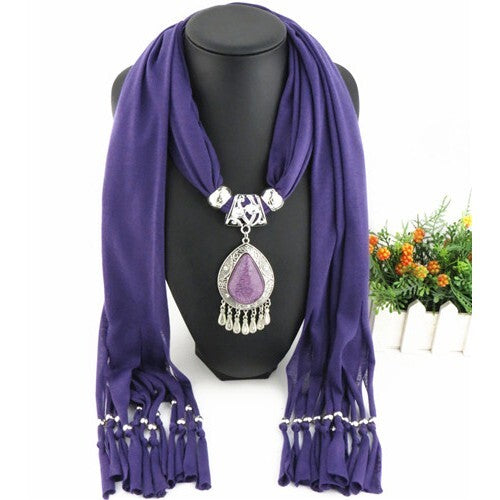 Ethnic Style Waterdrop Pendant Tassel Fashion Scarf Necklace - Purple