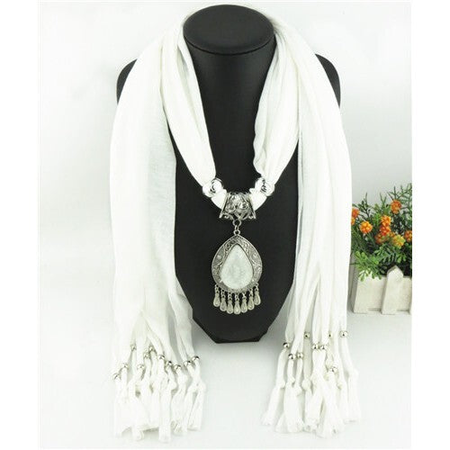 Ethnic Style Waterdrop Pendant Tassel Fashion Scarf Necklace - White